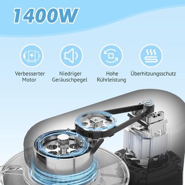 Кухонна машина Küchenmaschine 6.2 л, 1400 Вт, 6 швидкостей, з набором насадок (міксер, гак для тіста, вінчик), чорний колір