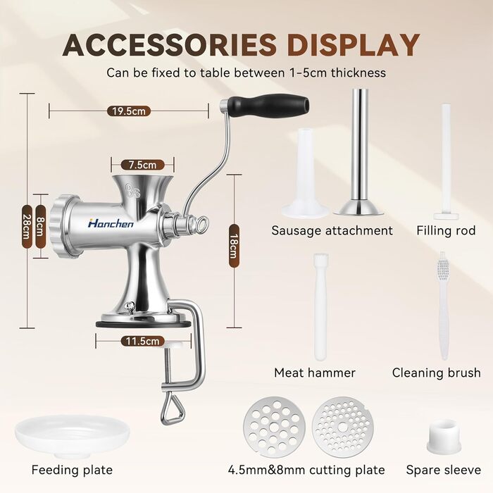М'ясорубка ручна Hanchen з нержавіючої сталі з присоскою, насадкою для ковбас, 2 дисками та шреддером для овочів - посудомийна