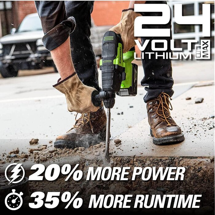 Greenworks GD24SDS2 Акумуляторний дриль-ударний SDS з безщітковим мотором, 0-1000 об/хв, 0-4500 уд/хв, 2 Джоулі ударної сили, БЕЗ акумулятора 24V та зарядного пристрою, 3 роки гарантії (SDS-дриль 4Ah)