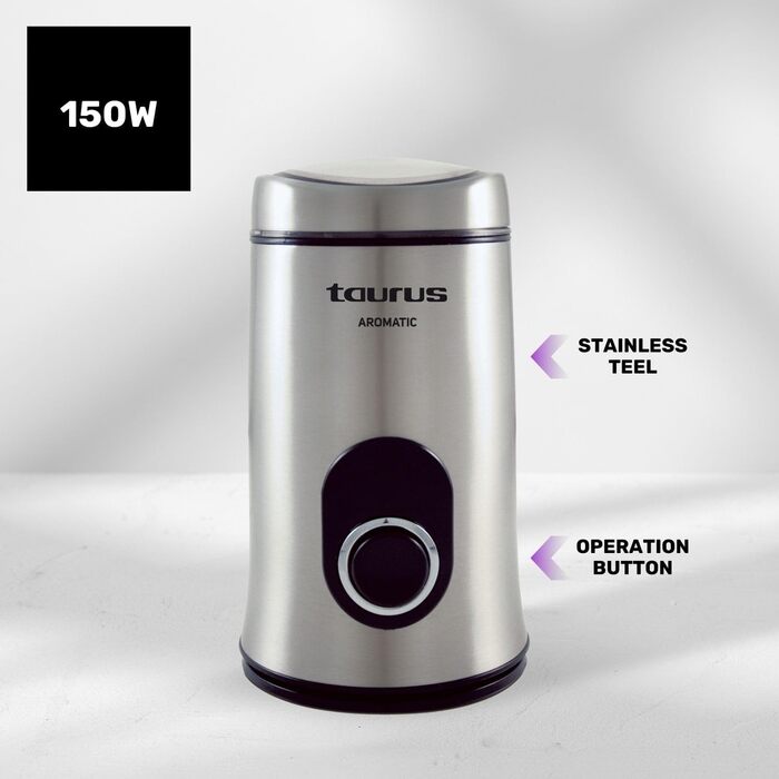 Кавомолка TAURUS Aromatic, 150 Вт, 50 г, нержавіюча сталь, кнопка старту, сірий