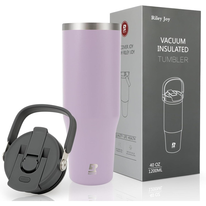 Термокружка Riley Joy 2.0 з нержавіючої сталі 1л з трубочкою та ручкою - для кави з собою, миється в посудомийній машині, не протікає, 1200 мл, фіолетовий