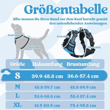 Нашийник для собак Rabbitgoo, великі породи, регульований, проти тяги, з ручкою, м'який, світловідбиваючий, розмір L, блакитний (1 шт.)