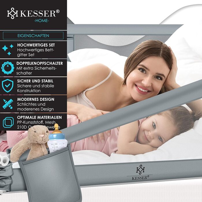 Захисний бортик для ліжка KESSER 180 см, складаний, для дітей, батьківське та дитяче ліжко, захист від падіння, висота 72–96 см, світло-сірий
