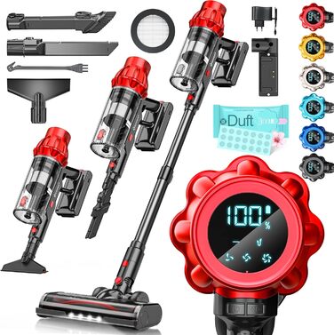 Бездротовий акумуляторний пилосос KESSER® з LED дисплеєм, 70 хв роботи, без мішка, для твердих поверхонь, килимів, шерсті тварин, чорний/червоний