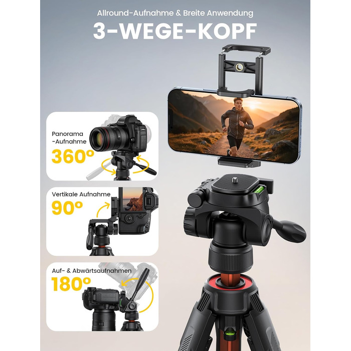 Штатив для камери та смартфона Lamicall Tripod: посилений трипод з швидким відкриттям, вантажопідйомність 8 кг, висота до 170 см, 4 рівні регулювання, помаранчевий