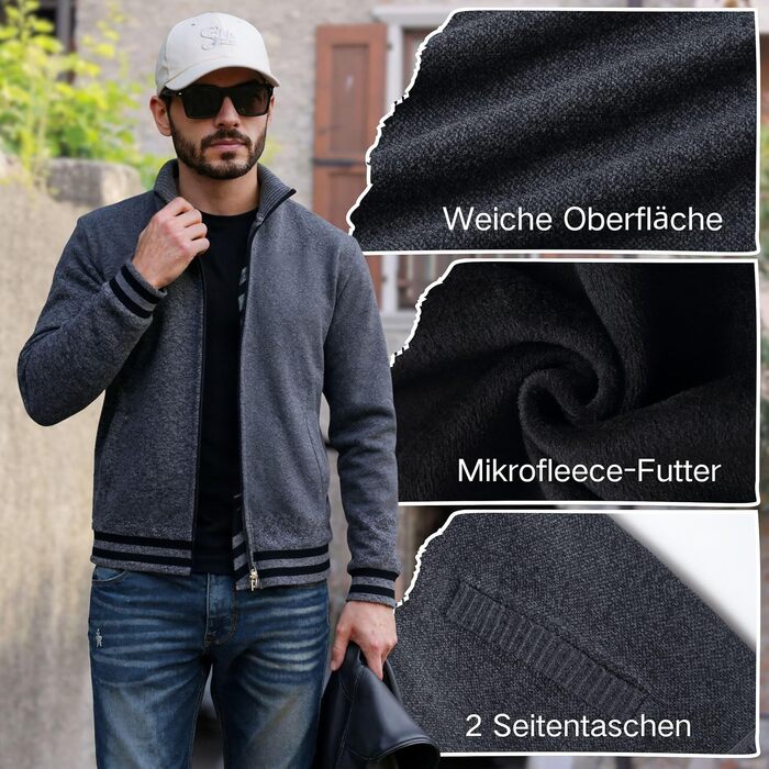 Чоловічий светр з кишенями та коміром-стійкою, флісова підкладка, кардиган, повсякденний зимовий светр, куртка на блискавці, теплий, манто (сірий, L)