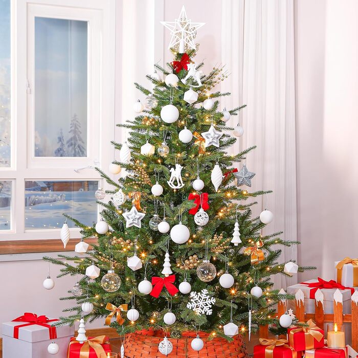 Набір з 100 штучних ялинкових прикрас Shareconn: міцні кульки з гачками, різні розміри та дизайни, для внутрішнього та зовнішнього декору