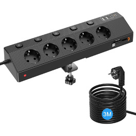 Мережевий адаптер PASSUS з 5 розетками, 2 USB-C (PD 30W), захист від перенапруги, індивідуальне вмикання, 10-в-1, з кабелем 2м, для офісу, чорний