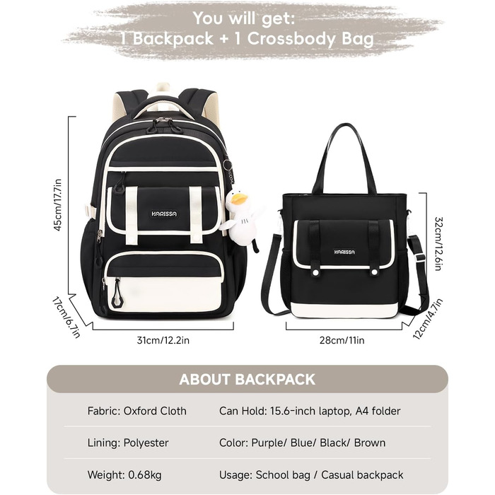 Шкільний рюкзак для дівчаток 2 в 1: рюкзак та сумочка, 3-7 клас, 45 см, чорний