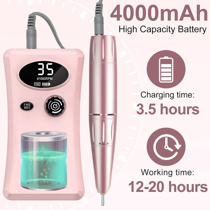 Електрична машинка для манікюру Urbuti 11 в 1, 35000 об/хв, USB, рожева. Набір для професійного манікюру з фрезерами для гелю та лаку