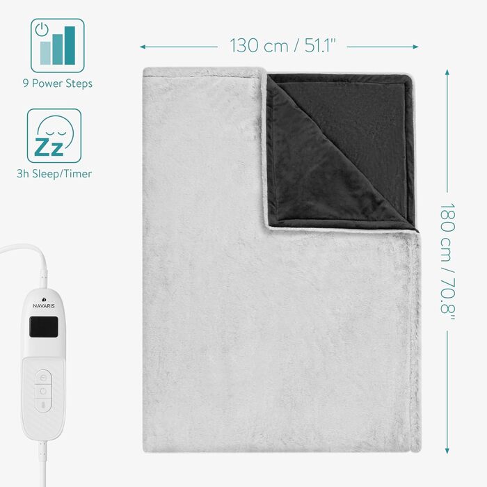 Електрична ковдра Navaris XXL з підігрівом 180x130 см, 3 режими, автовимкнення, пральна, м'яка, темно-сіра (сіра/біле штучне хутро)