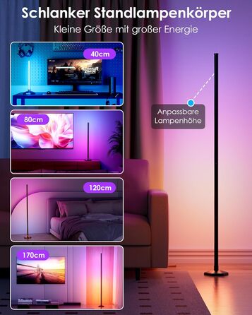 LED-стійка лампа WISIMMALL для вітальні з RGBIC, диммуванням та керуванням через додаток, 170 см, 16 мільйонів кольорів, 300 режимів, музичний синхронізація, для дому