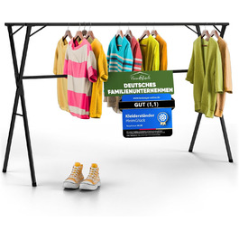 Clothes Rack/Laundry Rack + Bag Moritz [Extendable 1.30-2.0m, foldable, very Stable Stainless Steel] Clothes Rail, Coat Rack, Entrance Hall Coat Rack, Open Wardrobe (Black, with Hooks / without Bag)