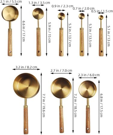 STOBAZA Measuring Cup and Spoon Set of 8 Stainless Steel Pieces, Stackable Measuring Cups and Kitchen Baking Utensils with Wooden Handle for Wine Ingredients, Milk Powder