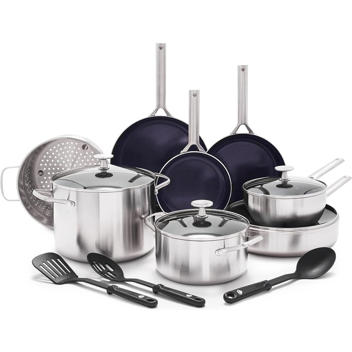 Набір посуду Blue Diamond Cookware 15 предметів: сковороди, каструлі з нержавіючої сталі з алмазним покриттям, антипригарні, індукційні, придатні для миття в посудомийній машині та духовці, без PFAS, багатошарові, срібні