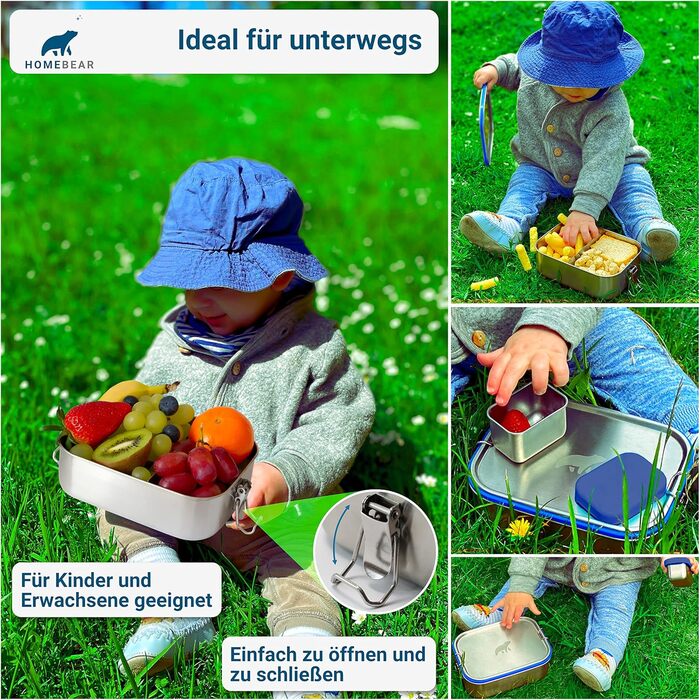 Stainless Steel Lunch Box | Lunchbox for Kids | 800 ml | Set with Dip Container 65 ml | Sliding Divider | Leak-Proof and Plastic-Free | Bread Box Snack Box