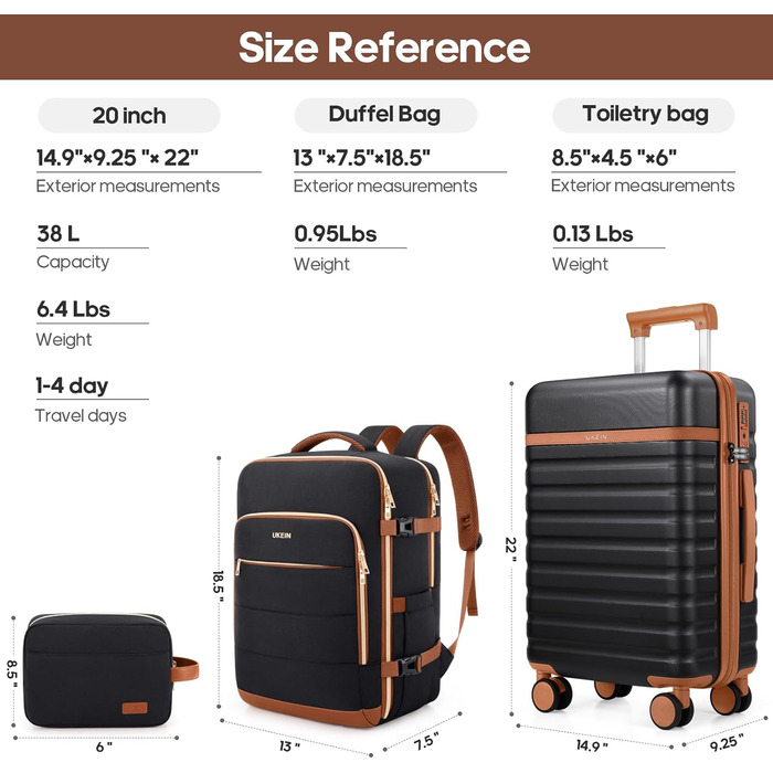 Набір валіз UKEIN 3 шт. з жорстким корпусом, для подорожей, з TSA замком та спіннер колесами. Включає рюкзак та косметичку. (Чорний/Коричневий)