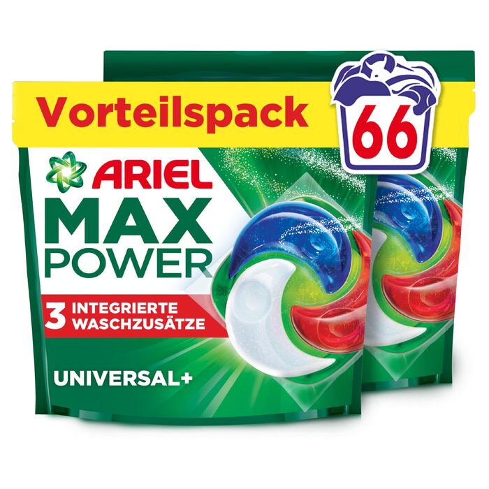 Капсули для прання Ariel Max Power Pods Universal+, універсальний засіб для прання, 66 прань