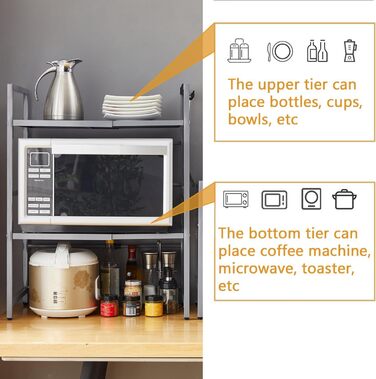 Розширювана полиця для мікрохвильової печі, робоча поверхня над мікрохвильовкою, підставка, органайзер для фритюрниці, економія місця, стояча, полиці пекаря (Чорний/3 (Сірий / 3-ярусна))