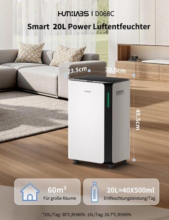 Електричний осушувач повітря HUMILABS 20L з Wi-Fi, для приміщень до 60м², з гофрованим шлангом, 4.5л бак, 3 режими, таймер, білий