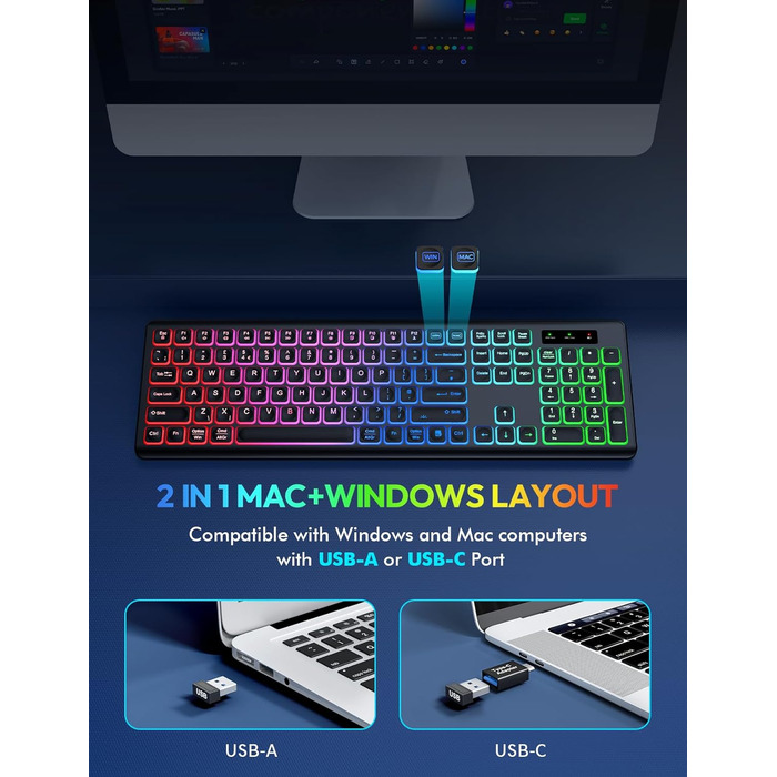 Бездротова клавіатура та миша з підсвічуванням, USB-C, тиха, для Mac/Windows/PC/Laptop - Чорний, QWERTY