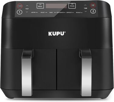 KUPU Аерофритюрниця 6 л, 1500 Вт, 6-в-1, без олії, 360° циркуляція повітря, регулювання температури 40-200°C, кошики для посудомийної машини, компактна