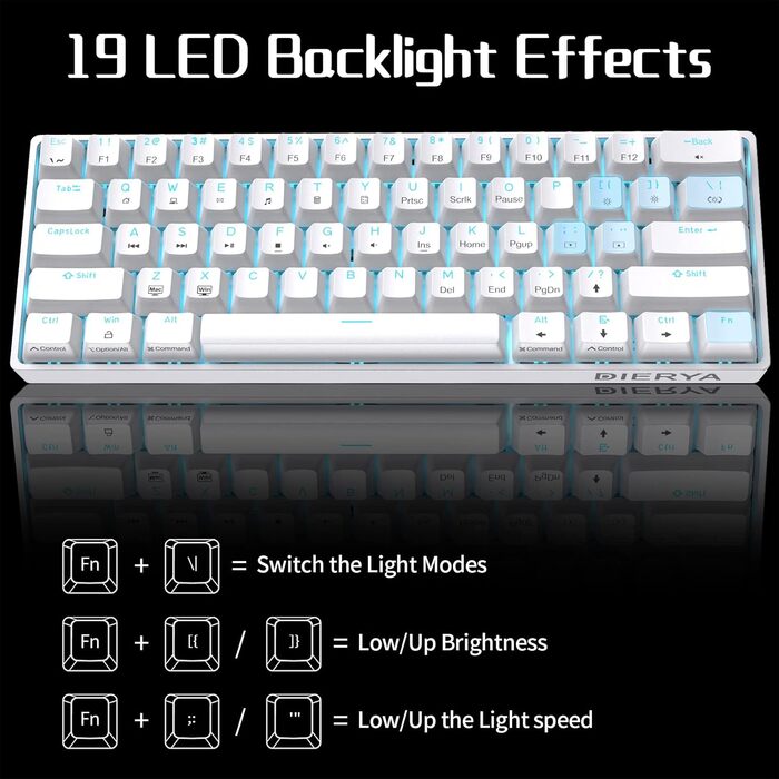 Dierya DK61se - Механічна ігрова клавіатура 60%, Blue Switch, компактний дизайн, USB-C, US Layout, білий колір