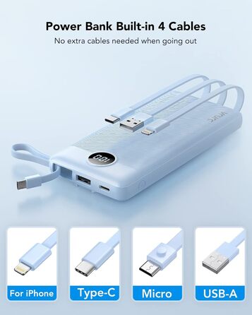 Power Bank VRURC 10000mAh з 4 кабелями: портативний акумулятор USB-C для iPhone, Huawei, Samsung та Android (синій)