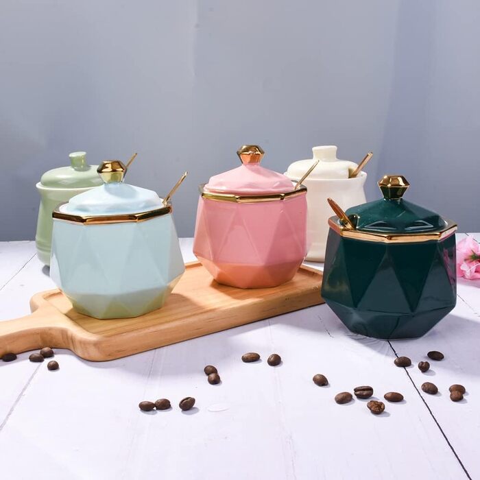 Sugar bowl with lid and spoon, 270 ml ceramic sugar bowl, multifunctional sugar container, spice container, salt shaker, spice dishes, sugar bowl for the kitchen, organization, 280 ml (pink)