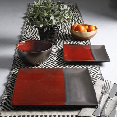 Сервіз посуду Gibson Elite Tequesta з реактивної глазурі (16 предметів) для 4 осіб, квадратний, червоно-шоколадний