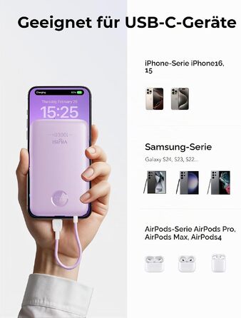 Повербанк VIYISI 10000mAh ультратонкий із вбудованим кабелем USB-C, фіолетовий