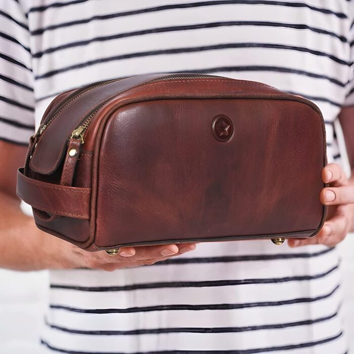 Шкіряна косметичка для чоловіків Aaron Leather — дорожній набір для догляду, темно-коричнева (горіх), з подвійною блискавкою
