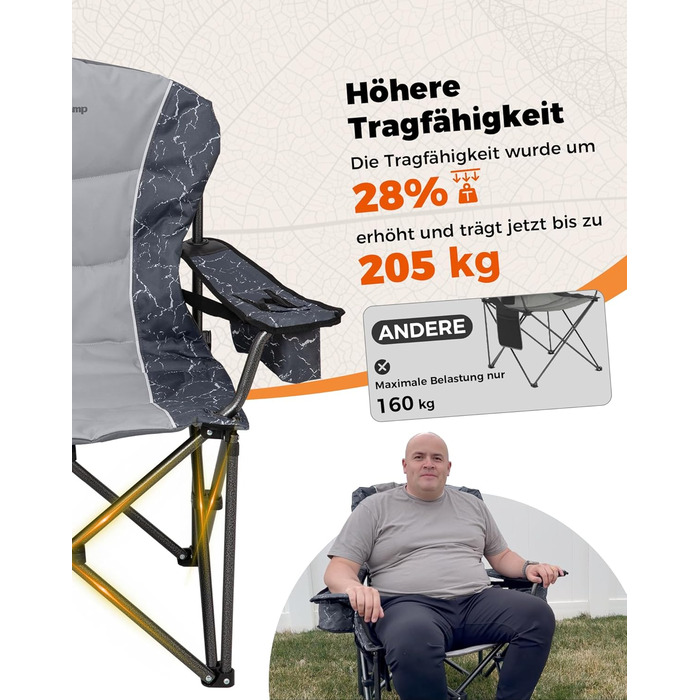 Крісло для кемпінгу KingCamp XXL, 205 кг, розкладне, з підлокітниками, регульованою спинкою, кишенею для охолодження та тримачем для напоїв, для риболовлі, сірий, 2 шт.