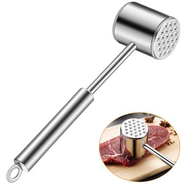Молоток для м'яса з нержавіючої сталі 304 з гачком, двосторонній багатофункціональний відбійник для стейків, курки та свинини, 22 см, сріблястий