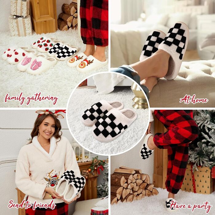 Тапочки жіночі зимові теплі, зручні, пухнасті, з візерунком шахової дошки (36/37 EU, вузька ширина)