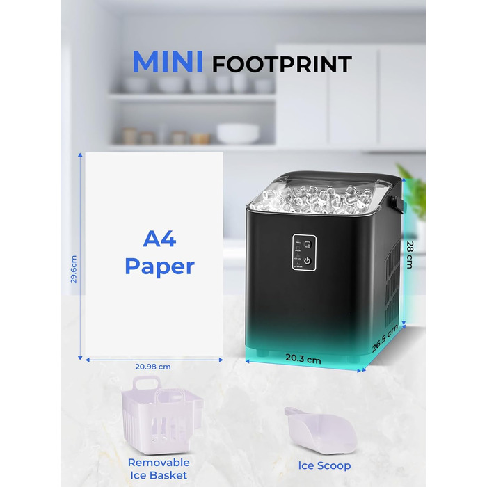 FOHERE Ice Maker - Fast Ice in 5 Minutes, 14kg/24h Capacity, Self-Cleaning, 2 Sizes, Portable for Kitchen, Office, Bar & Party (Black)