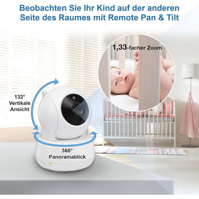 Відеоняня Vtech VM901-1W з Wi-Fi, 5-дюймовий HD-дисплей, поворотна камера 1080P, мобільний додаток, широкий кут огляду 120°, сумісна з iOS та Android