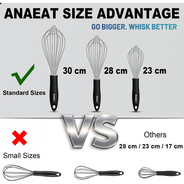 Набір міксерів для кухні Anaeat (3 шт.) з нержавіючої сталі - міксер-венчик для приготування, випікання, змішування та перемішування (3 розміри)