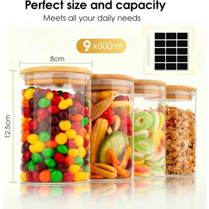 Набори скляних банок для зберігання з кришками (12 шт.) - 4x400 мл, 4x500 мл, 4x700 мл. Скляні контейнери для кухні, баночки з дерев'яними кришками.
