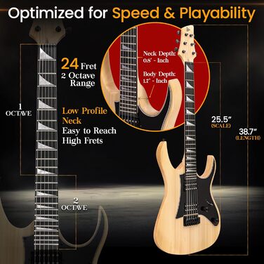 Електрогітара Pyle Prog Rock EG Series з підсилювачем, 39 дюймів (99.1 см), Dual Humbucker, палісандровий гриф, корпус з палісандра, комплект аксесуарів