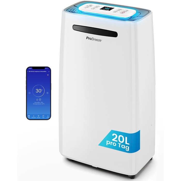 Про Бріз Зволожувач повітря 25л/добу - для приміщень до 30 м², 4 режими роботи, цифровий дисплей, шланг для зливу, функція сушіння білизни, таймер, проти вологи та плісняви.