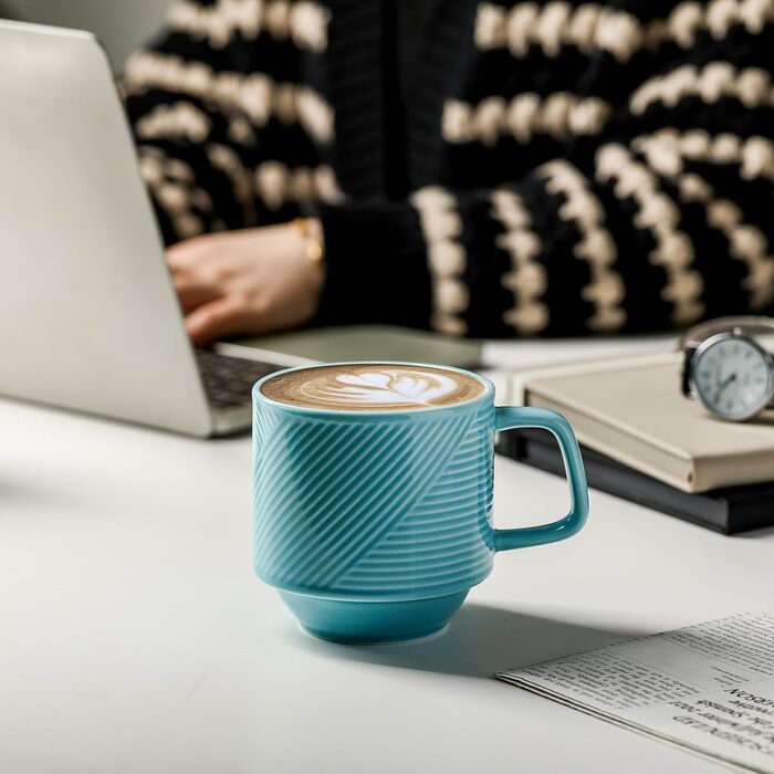 Набір кавових чашок з підставкою: керамічні чашки для лате/капучино, 370 мл, 4 шт. (Турквіс/Ausflug)