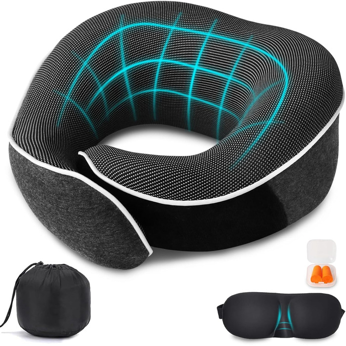 Подушка для шиї Milado для подорожей у літаку, з піною з пам'яті, комплект з масками для очей (темно-сірий)