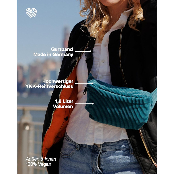 Чоловіча та жіноча поясна сумка PP-Berlin з корду, ручної роботи, веганська, 3 відділення, Made in Germany, для повсякденного використання, можна носити як через плече (Petrol)