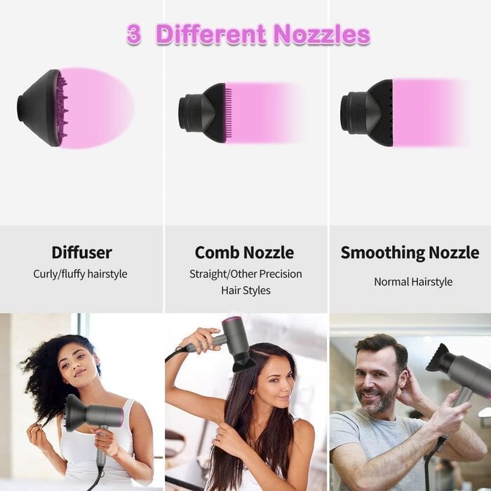 Іонний фен Faszin з AC-двигуном: професійний, 2 швидкості, 3 режими нагріву, кнопка холодного повітря, насадки-дифузор та концентратори (сірий)