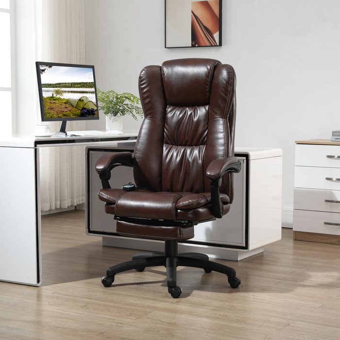 Vinsetto Adjustable Swivel Chair with Footrest, Headrest, Massage Function, Faux Leather, 68.5x68.5x113-121cm, Brown