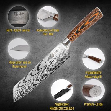 Японський ніж Kiritsuke від URUMAH: професійний ніж шеф-кухаря з високоякісної сталі 7CR17MoV з дерев'яною ручкою. У подарунковій коробці з захистом леза.