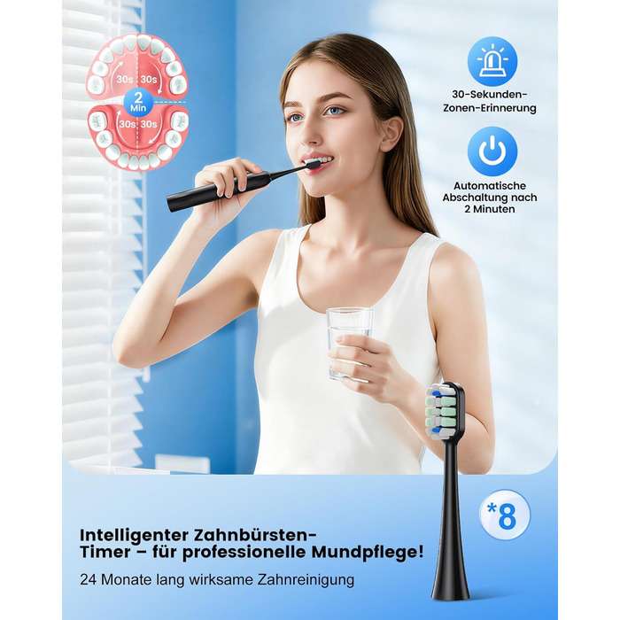 Електрична зубна щітка звукова 5 режимів, таймер 30с, відбілює зуби за 2 тижні, 8 змінних насадок, IPX7, чорний