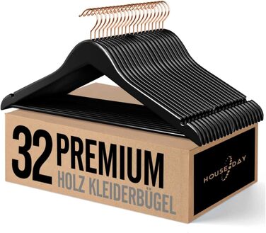 Дерев'яні вішалки для одягу HOUSE DAY, 32 шт., чорні, стабільні, обертаються, ширина 44,5 см, з вирізом, гачки рожевого золота