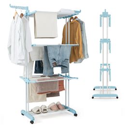 Сушарка для білизни COSTWAY 4-рівнева з колесами, розкладна, з 2 обертовими крилами, висувна, для дому та вулиці (Блакитна)